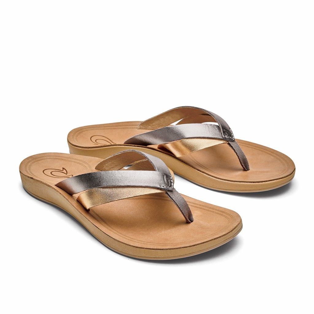 Olukai Women's Kaekae Flip Flop - Silver / Golden Sand US763-459